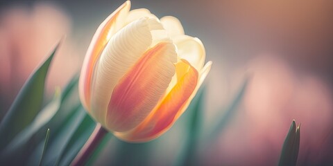 Closeup of Tulip Flower in Spring on Pastel Background with Copy Space for Text. Spring Theme. Generative AI.