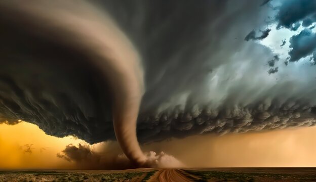 Powerful tornado. Amazing landscape of a tornado over the field. Generative AI art.