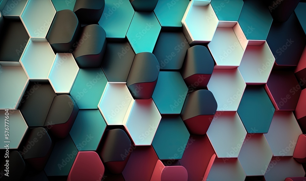 Poster an abstract background of hexagonal shapes in red, blue, and green colors with a black background th