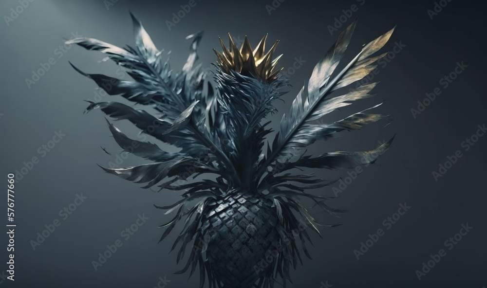 Poster a pineapple with a crown on top of it in a dark room with a light coming through the top of the imag