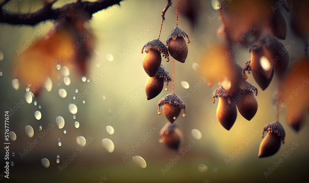 Poster a tree with rain drops hanging from it's branches and a bunch of acorns hanging from it's branches w