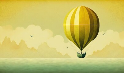  a yellow hot air balloon flying over a body of water with a bird flying over it and a boat in the water in the background.  generative ai