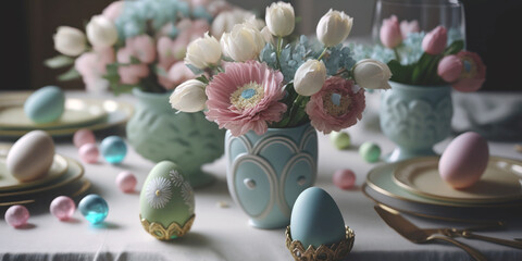Easter celebration table, Easter eggs and flowers, pastel color table setting close up. Generative AI