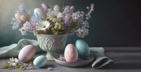 Obraz na płótnie Canvas Easter celebration table, Easter eggs and flowers, pastel color table setting close up. Generative AI