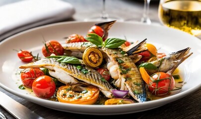  a white plate topped with fish and vegetables next to a glass of wine and a glass of wine on the side of the plate is a fork and a glass of wine.  generative ai