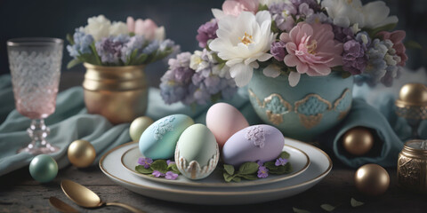 Obraz na płótnie Canvas Easter celebration table, Easter eggs and flowers, pastel color table setting close up. Generative AI