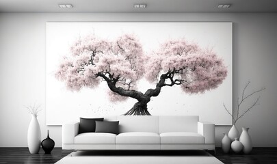  a living room with a white couch and a painting on the wall of a tree with pink flowers on it and vases on the floor.  generative ai