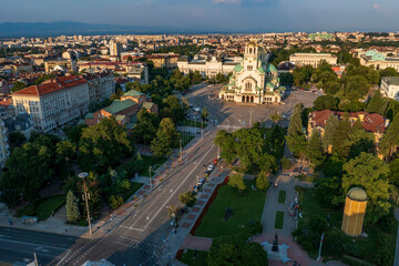 Aerial panorama of the city center and Church Alexander Nevsky, Sofia Bulgaria
