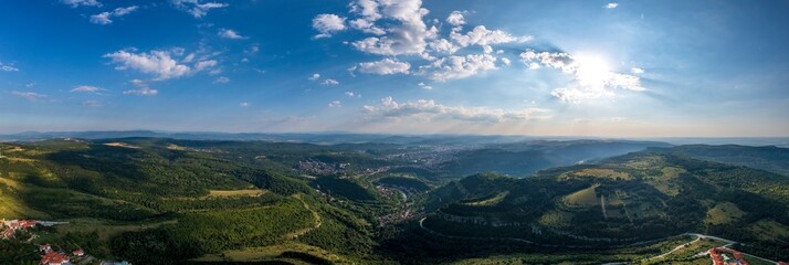 Panoramic view from a drone of hills near Veliko Tarnovo, Bulgaria