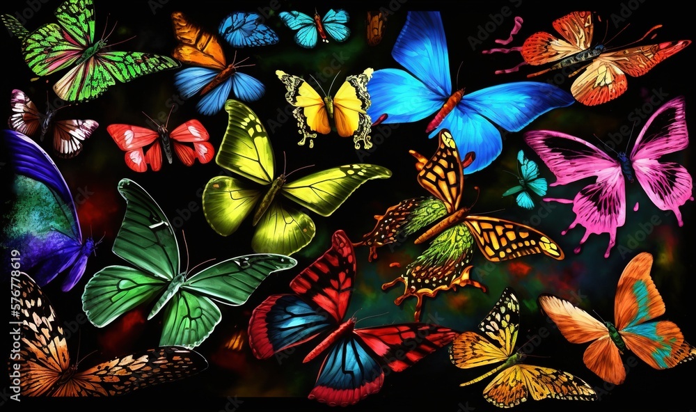 Poster a group of colorful butterflies flying in the air with a black background and a black background wit