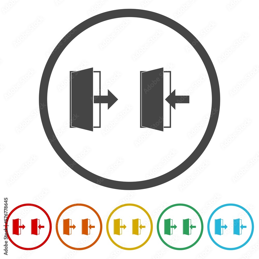 Poster exit and enter door with arrow symbol icons in color circle buttons