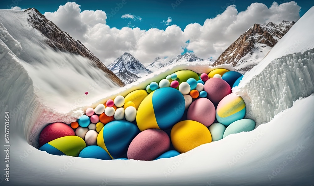 Poster a painting of a mountain scene with a bunch of eggs in the middle of the snow and mountains in the b