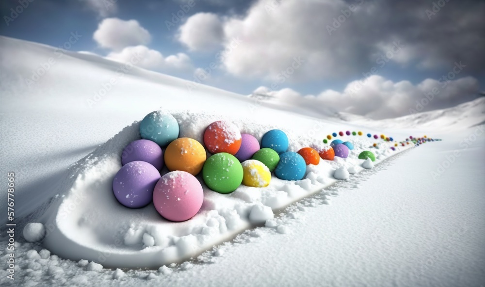 Aufkleber a row of colorful eggs in the snow on a sunny day with clouds in the sky behind them and a blue sky 