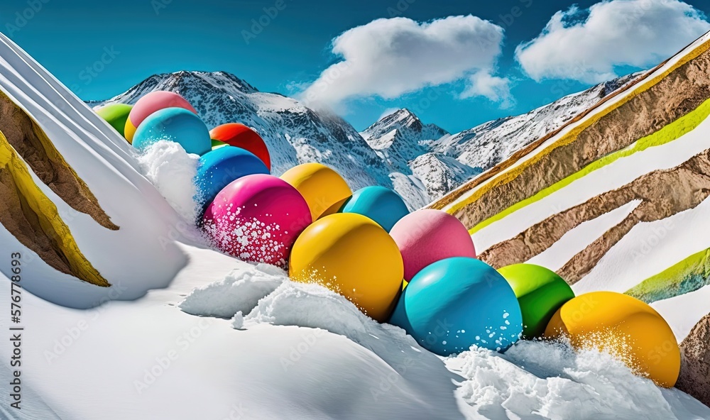 Poster a painting of a snow covered hill with colorful eggs on it's side and mountains in the background wi