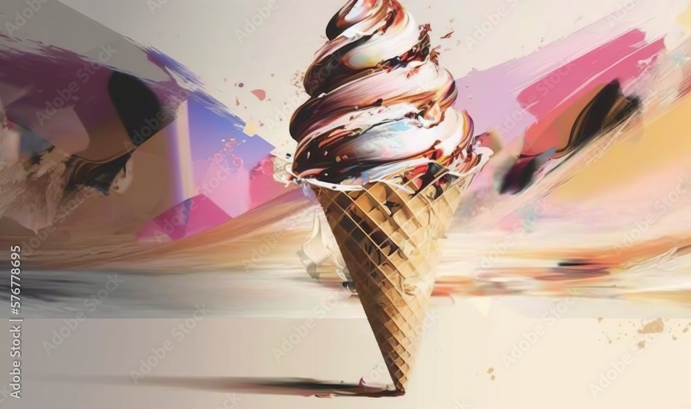 Poster  an ice cream cone with chocolate on top of it with a splash of paint on the top of the ice cream cone and the ice cream is in the middle of the cone.  generative ai