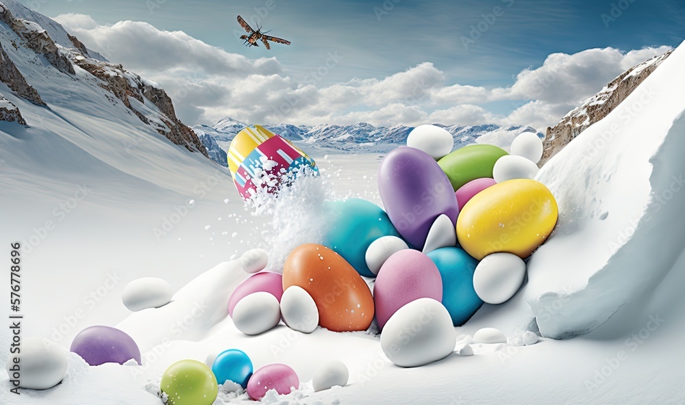 Poster a bunch of eggs are in the snow and a plane is in the sky in the background and a mountain is in the