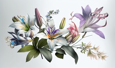  a painting of a bouquet of flowers on a white background with green leaves and purple and white flowers in the middle of the picture, and a white background with a blue border.  generative ai