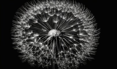  a black and white photo of a dandelion in full bloom with the seeds still attached to the dandelion, and the seeds still attached to the petals.  generative ai