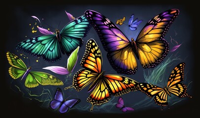  a group of colorful butterflies flying in the air with a black background and a blue sky in the background with a few yellow and purple butterflies.  generative ai
