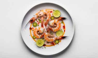 Fototapeta na wymiar a white plate topped with shrimp and limes next to a fork and a lime wedge on top of a white plate with a lime slice of lime. generative ai