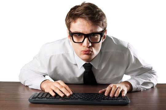 Concept software programmer strange programmer with facial expression