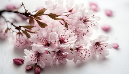 Cherry Blossoms on Wooden Table Photography. Spring Theme. Generative AI.