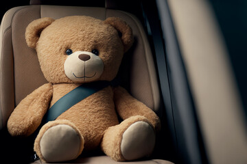 Close Up of Teddy bear fastening seat safety belt in car for safety before driving on the road. Traveling safety concept. Generative AI
