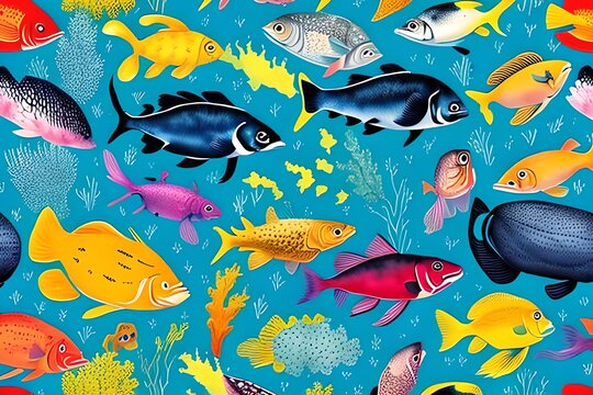 Watercolor Illustration of aquarium Fish pattern Wallpaper black Vintage Painting. Generative AI