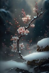 Cherry Blossoms Branch on Snow Background. Spring Theme. Generative AI.