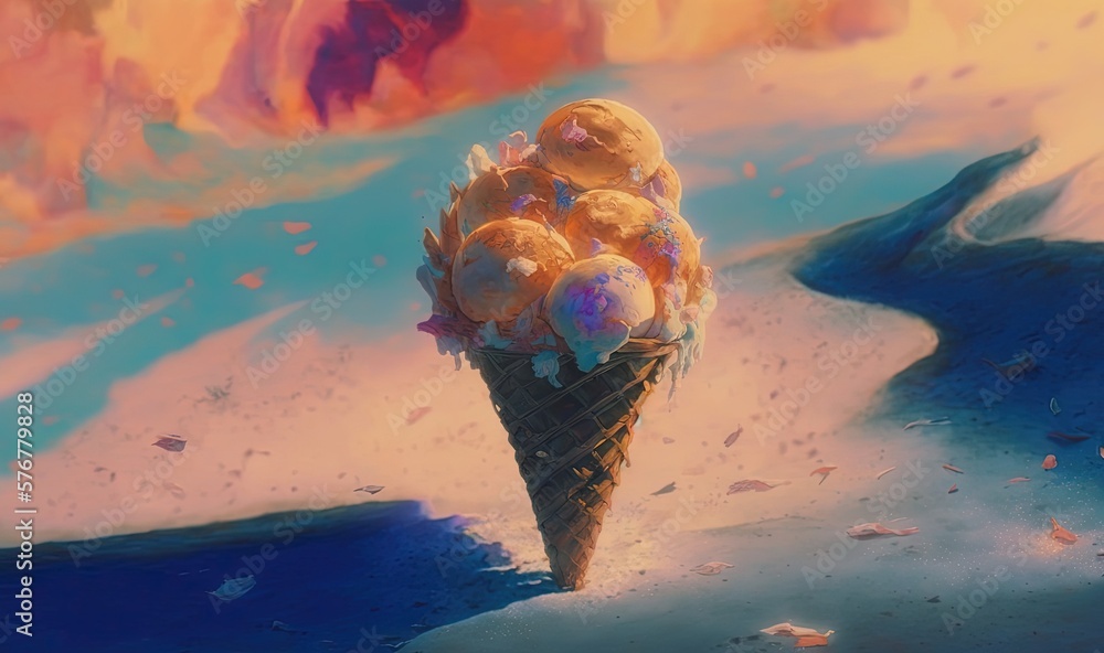 Poster a painting of a cone of ice cream with a bunch of ice cream on top of it, with the ice cream in the 