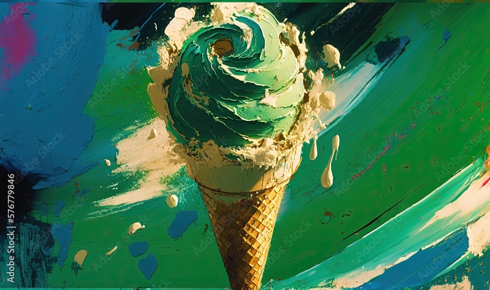 Poster an ice cream cone with green icing on a blue and green background with the words ice cream written i