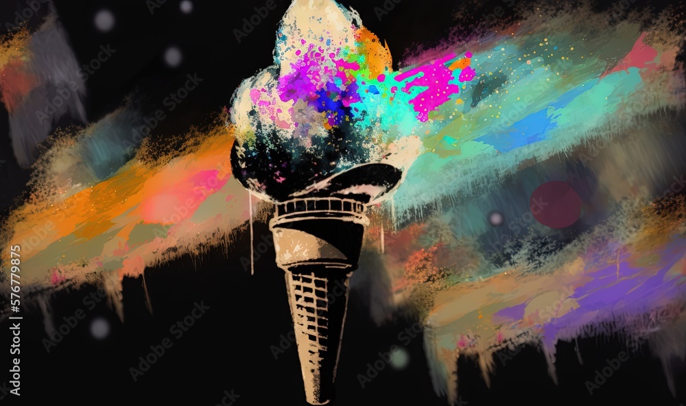 Poster an ice cream cone with a cone of ice cream on top of it, with a colorful swirl in the background and