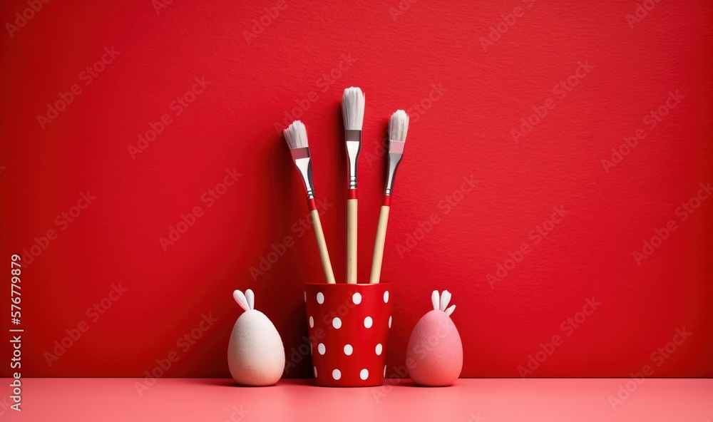 Poster a red wall with a red vase and some paint brushes in it and a white polka dot vase with two white po