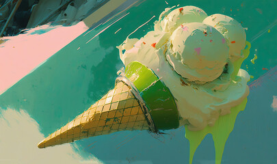  an ice cream cone with two scoops of ice cream on top of it, sitting on top of a blue and green surface, with a pink background.  generative ai