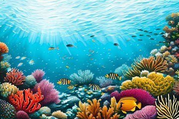 Naklejka na ściany i meble Watercolor Illustration of coral reef with fish. Generative AI