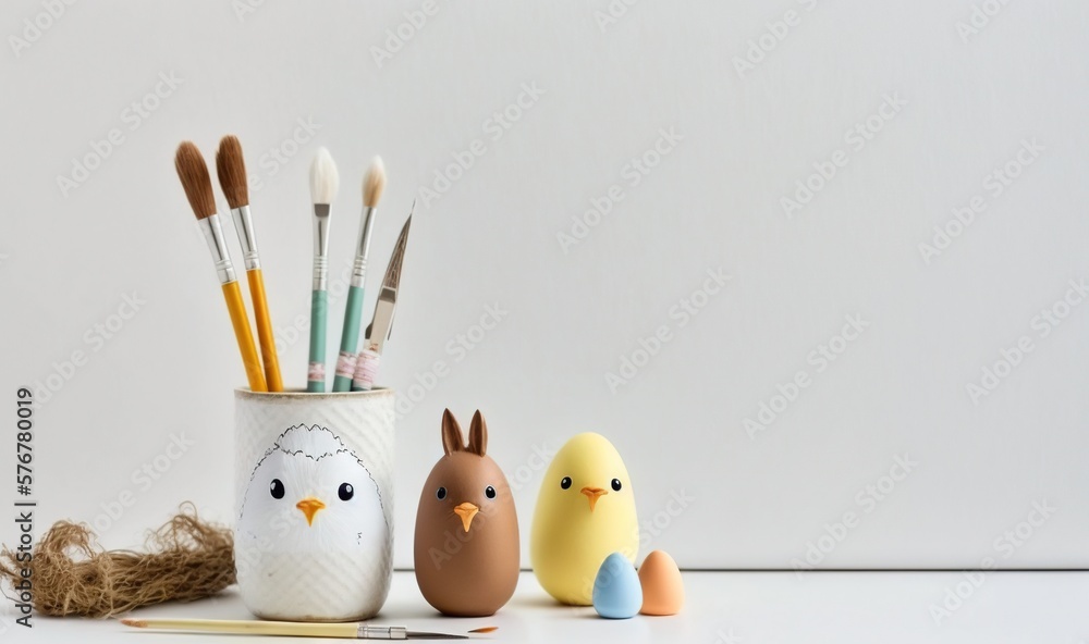 Poster a group of eggs sitting next to a cup filled with paintbrushes and an egg with a bird on top of it a