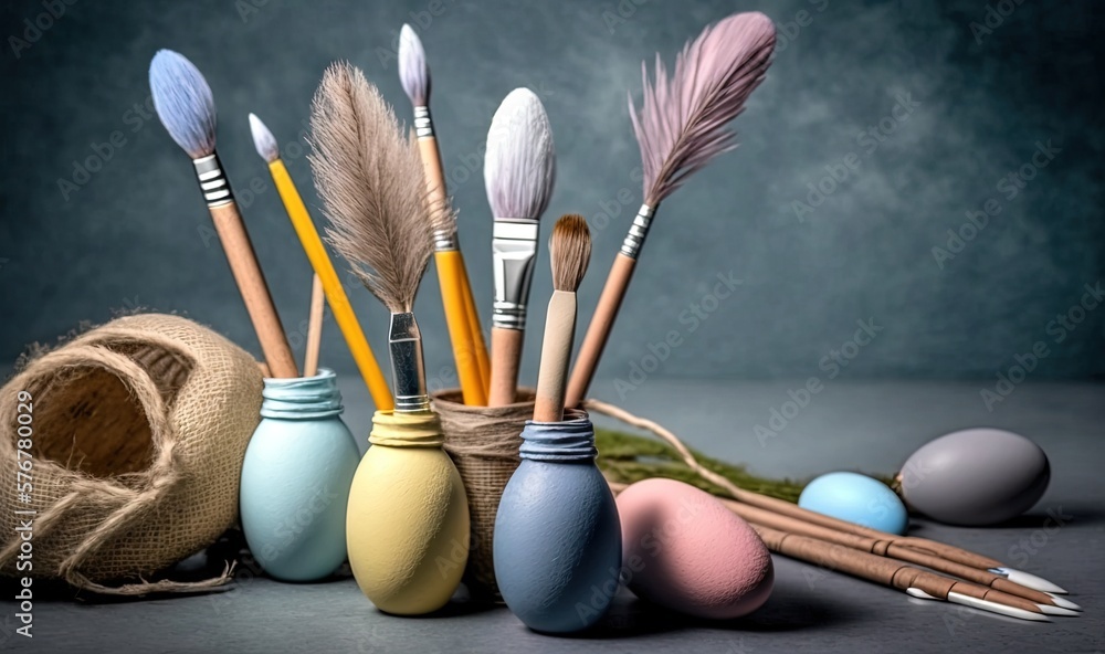 Poster  a group of paint brushes sitting next to a bag of eggs and a sack of burlocks on a table with eggs in the background.  generative ai