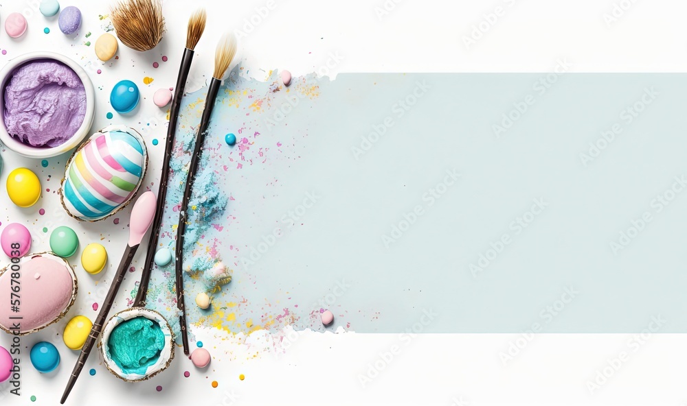 Aufkleber a table topped with lots of different types of cakes and paintbrushes next to a blank white sheet wi