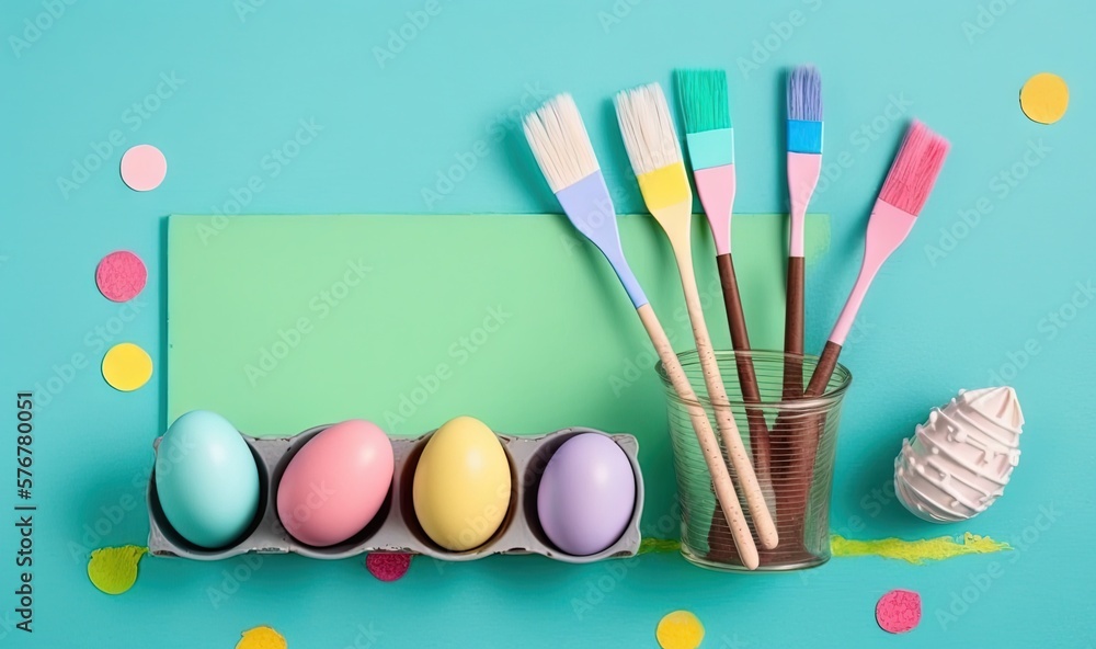 Poster a cup with paint brushes next to a row of painted eggs on a blue background with confetti sprinkles 