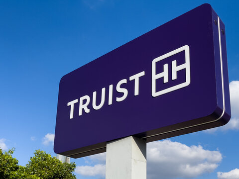 NORTH PORT, FLORIDA - MARCH 1, 2023 : Truist bank outdoor logo pole sign.