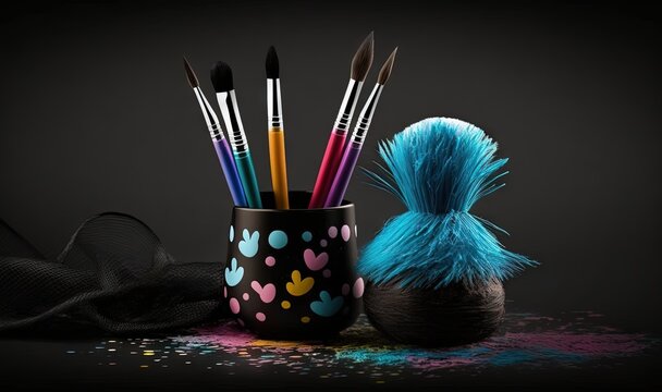  a cup filled with lots of different colored pens and a brush holder with a blue hair on top of a black surface with a black background.  generative ai