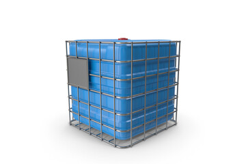 blue plastic industrial container on a white surface