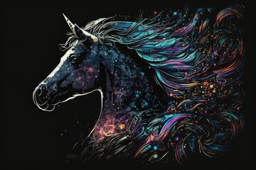 Obraz na płótnie Canvas Space horse, a black unicorn, abstract color backdrop illustration, profile portrait. Generative AI