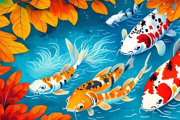 Watercolor Illustration of Koi fishes swimming in the river. Fantasy digital drawing, closeup illustration. Generative AI
