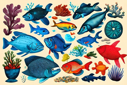 Watercolor Illustration of Hand drawn set of pictures with marine life. Vector illustration, sketch, graphic, contour illustration with fish in retro style. Generative AI
