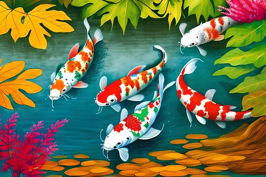 Watercolor Illustration of Koi fishes swimming in the river. Fantasy digital drawing, closeup illustration. Generative AI