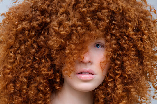 Mulher modelo com cabelos ruivos cacheados 