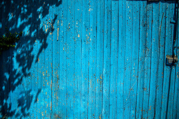 Blue planks with shadow from trees