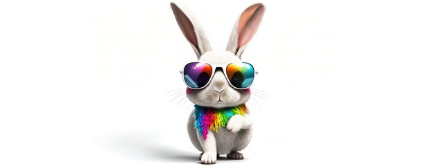 Easter bunny with sunglasses Fabulous Cool rabbit wearing rainbow shades and scarf,  white rabbit on white background with sunglasses. Image created with generative ai. - obrazy, fototapety, plakaty