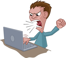 Fototapeta na wymiar An angry stressed man shouting at a laptop cartoon